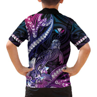 Hawaiian Monk Seal Family Matching Off Shoulder Short Dress and Hawaiian Shirt Kakau Tribal Pattern Violet Gradient LT05 - Polynesian Pride