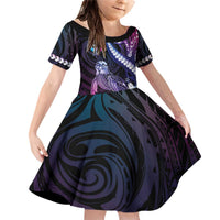 Hawaiian Monk Seal Family Matching Off Shoulder Short Dress and Hawaiian Shirt Kakau Tribal Pattern Violet Gradient LT05 Daughter's Dress Violet - Polynesian Pride