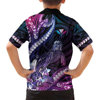 Hawaiian Monk Seal Family Matching Short Sleeve Bodycon Dress and Hawaiian Shirt Kakau Tribal Pattern Violet Gradient