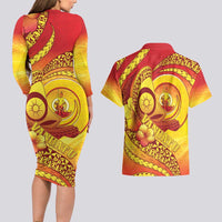 Vanuatu 45 Yia Indipendens Anivesari Couples Matching Long Sleeve Bodycon Dress and Hawaiian Shirt Tamtam Drum With Boar Tusk - Polynesian Pride