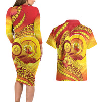 Vanuatu 46 Yia Indipendens Anivesari Couples Matching Long Sleeve Bodycon Dress and Hawaiian Shirt Tamtam Drum With Boar Tusk LT05 - Polynesian Pride