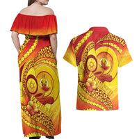 Vanuatu 46 Yia Indipendens Anivesari Couples Matching Off Shoulder Maxi Dress and Hawaiian Shirt Tamtam Drum With Boar Tusk LT05 - Polynesian Pride