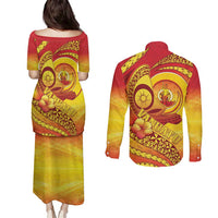 Vanuatu 45 Yia Indipendens Anivesari Couples Matching Puletasi and Long Sleeve Button Shirt Tamtam Drum With Boar Tusk - Polynesian Pride