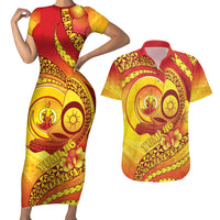 Vanuatu 46 Yia Indipendens Anivesari Couples Matching Short Sleeve Bodycon Dress and Hawaiian Shirt Tamtam Drum With Boar Tusk LT05 Yellow - Polynesian Pride