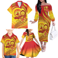 Vanuatu 46 Yia Indipendens Anivesari Family Matching Off The Shoulder Long Sleeve Dress and Hawaiian Shirt Tamtam Drum With Boar Tusk LT05 - Polynesian Pride