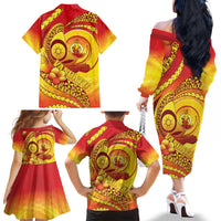 Vanuatu 45 Yia Indipendens Anivesari Family Matching Off The Shoulder Long Sleeve Dress and Hawaiian Shirt Tamtam Drum With Boar Tusk - Polynesian Pride