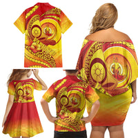 Vanuatu 46 Yia Indipendens Anivesari Family Matching Off Shoulder Short Dress and Hawaiian Shirt Tamtam Drum With Boar Tusk LT05 - Polynesian Pride