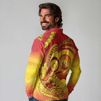 Vanuatu 45 Yia Indipendens Anivesari Long Sleeve Polo Shirt Tamtam Drum With Boar Tusk - Polynesian Pride
