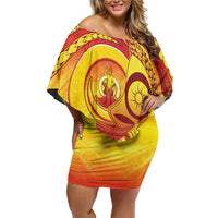 Vanuatu 46 Yia Indipendens Anivesari Off Shoulder Short Dress Tamtam Drum With Boar Tusk LT05 Women Yellow - Polynesian Pride