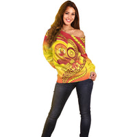 Vanuatu 46 Yia Indipendens Anivesari Off Shoulder Sweater Tamtam Drum With Boar Tusk LT05 - Polynesian Pride