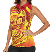 Vanuatu 45 Yia Indipendens Anivesari Women Sleeveless Polo Shirt Tamtam Drum With Boar Tusk - Polynesian Pride