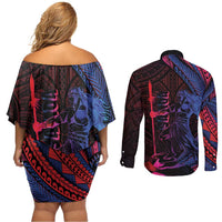 Samoan Pride Couples Matching Off Shoulder Short Dress and Long Sleeve Button Shirt The Tui Manua - Polynesian Pride