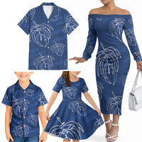 Aloha Hawaii Acacia Koa Leaves Family Matching Off The Shoulder Long Sleeve Dress and Hawaiian Shirt Navy Kakau Tribal Pattern LT05 - Polynesian Pride