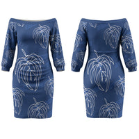 Aloha Hawaii Acacia Koa Leaves Family Matching Off The Shoulder Long Sleeve Dress and Hawaiian Shirt Navy Kakau Tribal Pattern LT05 Mom's Dress Navy - Polynesian Pride