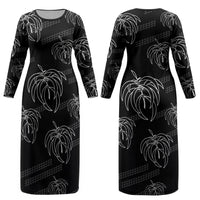 Aloha Hawaii Acacia Koa Leaves Couples Matching Long Sleeve Bodycon Dress and Long Sleeve Button Shirt Black Kakau Tribal Pattern LT05 - Polynesian Pride
