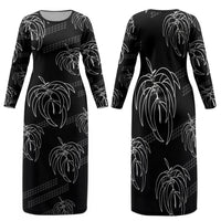 Aloha Hawaii Acacia Koa Leaves Family Matching Long Sleeve Bodycon Dress and Hawaiian Shirt Black Kakau Tribal Pattern LT05 Mom's Dress Black - Polynesian Pride