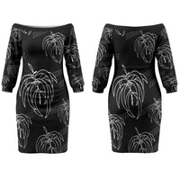 Aloha Hawaii Acacia Koa Leaves Family Matching Off The Shoulder Long Sleeve Dress and Hawaiian Shirt Black Kakau Tribal Pattern LT05 Mom's Dress Black - Polynesian Pride