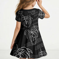 Aloha Hawaii Acacia Koa Leaves Kid Short Sleeve Dress Black Kakau Tribal Pattern