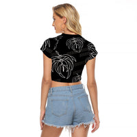 Aloha Hawaii Acacia Koa Leaves Raglan Cropped T Shirt Black Kakau Tribal Pattern