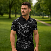 Aloha Hawaii Acacia Koa Leaves Zipper Polo Shirt Black Kakau Tribal Pattern
