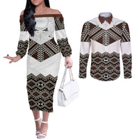 New Zealand Aotearoa Couples Matching Off The Shoulder Long Sleeve Dress and Long Sleeve Button Shirt Taniko Art Simple Style LT05 Brown - Polynesian Pride