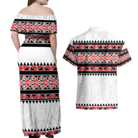 New Zealand Aotearoa Couples Matching Off Shoulder Maxi Dress and Hawaiian Shirt With Kowhaiwhai Pattern Red Version LT05 - Polynesian Pride