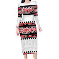 New Zealand Aotearoa Long Sleeve Bodycon Dress With Kowhaiwhai Pattern Red Version LT05 Long Dress Red - Polynesian Pride