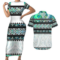 New Zealand Aotearoa Couples Matching Short Sleeve Bodycon Dress and Hawaiian Shirt With Paua Shell Kowhaiwhai Pattern LT05 Green - Polynesian Pride