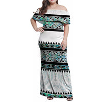 New Zealand Aotearoa Family Matching Off Shoulder Maxi Dress and Hawaiian Shirt With Paua Shell Kowhaiwhai Pattern LT05 Mom's Dress Green - Polynesian Pride