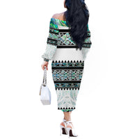 New Zealand Aotearoa Off The Shoulder Long Sleeve Dress With Paua Shell Kowhaiwhai Pattern LT05 - Polynesian Pride