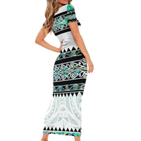 New Zealand Aotearoa Short Sleeve Bodycon Dress With Paua Shell Kowhaiwhai Pattern LT05 - Polynesian Pride