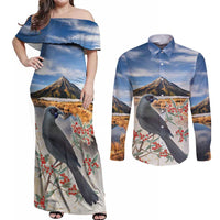 New Zealand Mount Taranaki Landscape Couples Matching Off Shoulder Maxi Dress and Long Sleeve Button Shirt Kokako Bird Polynesian Style