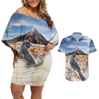 New Zealand Mount Taranaki Landscape Couples Matching Off Shoulder Short Dress and Hawaiian Shirt Kokako Bird Polynesian Style