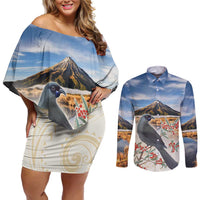 New Zealand Mount Taranaki Landscape Couples Matching Off Shoulder Short Dress and Long Sleeve Button Shirt Kokako Bird Polynesian Style