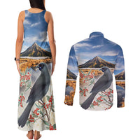 New Zealand Mount Taranaki Landscape Couples Matching Tank Maxi Dress and Long Sleeve Button Shirt Kokako Bird Polynesian Style