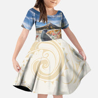New Zealand Mount Taranaki Landscape Family Matching Mermaid Dress and Hawaiian Shirt Kokako Bird Polynesian Style LT05 Daughter's Dress Blue - Polynesian Pride