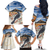 New Zealand Mount Taranaki Landscape Family Matching Off The Shoulder Long Sleeve Dress and Hawaiian Shirt Kokako Bird Polynesian Style