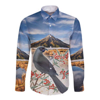 New Zealand Mount Taranaki Landscape Long Sleeve Button Shirt Kokako Bird Polynesian Style