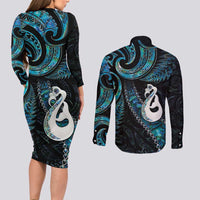 New Zealand Aotearoa Couples Matching Long Sleeve Bodycon Dress and Long Sleeve Button Shirt Maori Manaia Paua Shell Glitter Turquoise