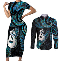 New Zealand Aotearoa Couples Matching Short Sleeve Bodycon Dress and Long Sleeve Button Shirt Maori Manaia Paua Shell Glitter Turquoise