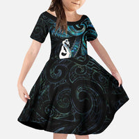 New Zealand Aotearoa Family Matching Short Sleeve Bodycon Dress and Hawaiian Shirt Maori Manaia Paua Shell Glitter Turquoise LT05 Daughter's Dress Turquoise - Polynesian Pride