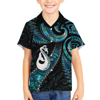 New Zealand Aotearoa Family Matching Short Sleeve Bodycon Dress and Hawaiian Shirt Maori Manaia Paua Shell Glitter Turquoise LT05 Son's Shirt Turquoise - Polynesian Pride