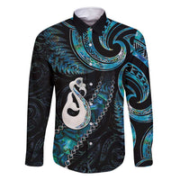 New Zealand Aotearoa Family Matching Tank Maxi Dress and Hawaiian Shirt Maori Manaia Paua Shell Glitter Turquoise LT05 Dad's Shirt - Long Sleeve Turquoise - Polynesian Pride