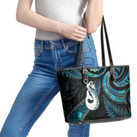 New Zealand Aotearoa Leather Tote Bag Maori Manaia Paua Shell Glitter Turquoise LT05 - Polynesian Pride