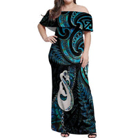 New Zealand Aotearoa Off Shoulder Maxi Dress Maori Manaia Paua Shell Glitter Turquoise LT05 Women Turquoise - Polynesian Pride