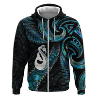 New Zealand Aotearoa Zip Hoodie Maori Manaia Paua Shell Glitter Turquoise LT05 Zip Hoodie Turquoise - Polynesian Pride