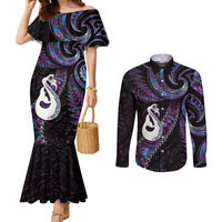 New Zealand Aotearoa Couples Matching Mermaid Dress and Long Sleeve Button Shirt Maori Manaia Paua Shell Glitter Purple