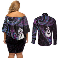 New Zealand Aotearoa Couples Matching Off Shoulder Short Dress and Long Sleeve Button Shirt Maori Manaia Paua Shell Glitter Purple