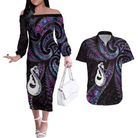 New Zealand Aotearoa Couples Matching Off The Shoulder Long Sleeve Dress and Hawaiian Shirt Maori Manaia Paua Shell Glitter Purple