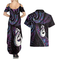 New Zealand Aotearoa Couples Matching Summer Maxi Dress and Hawaiian Shirt Maori Manaia Paua Shell Glitter Purple LT05 - Polynesian Pride